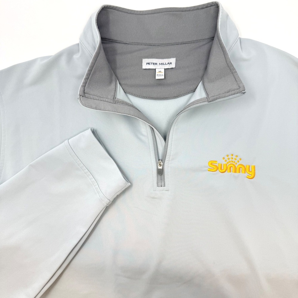 Peter Millar Mens XL Light Blue‎ Sunny Logo 1/4 Zip Performance Pullover Stretch